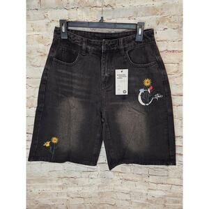 EM Hello Black Jeans Womens Size Medium With Flowers